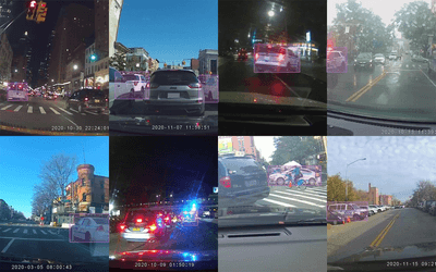 Street-view images with bounding boxes over detected police vehicles.